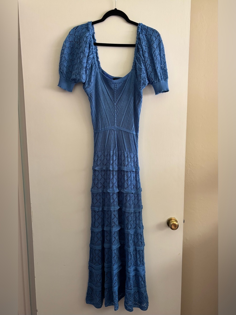 Aqua Blue Knit Maxi Dress with Puff Sleeves